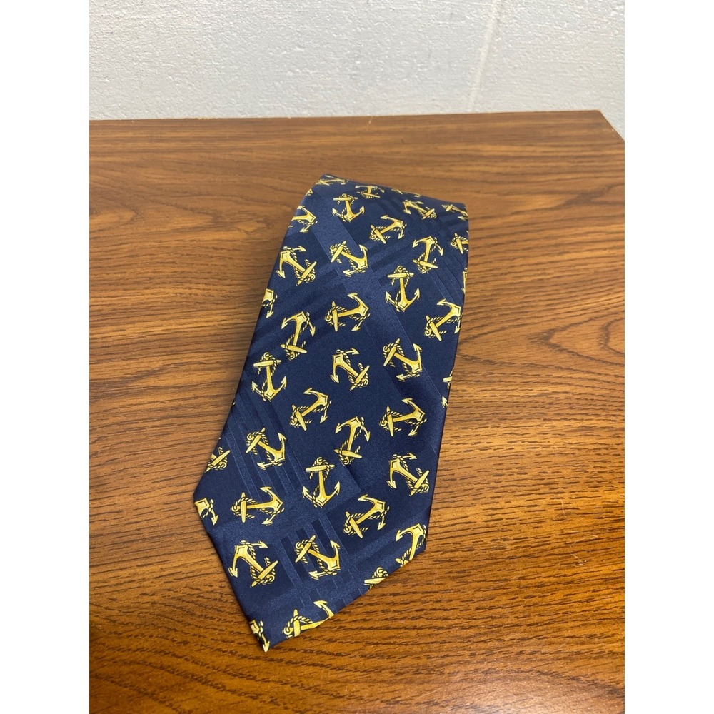 Polo Ralph Lauren Anchor Print Silk Necktie‎ Nautical Navy Blue Made by Hand USA